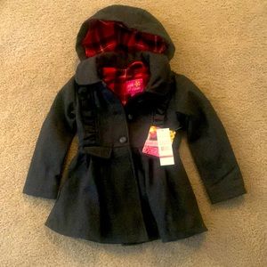 New, little girls coat.  Size 4T.  Grey with red plaid collar and hood.